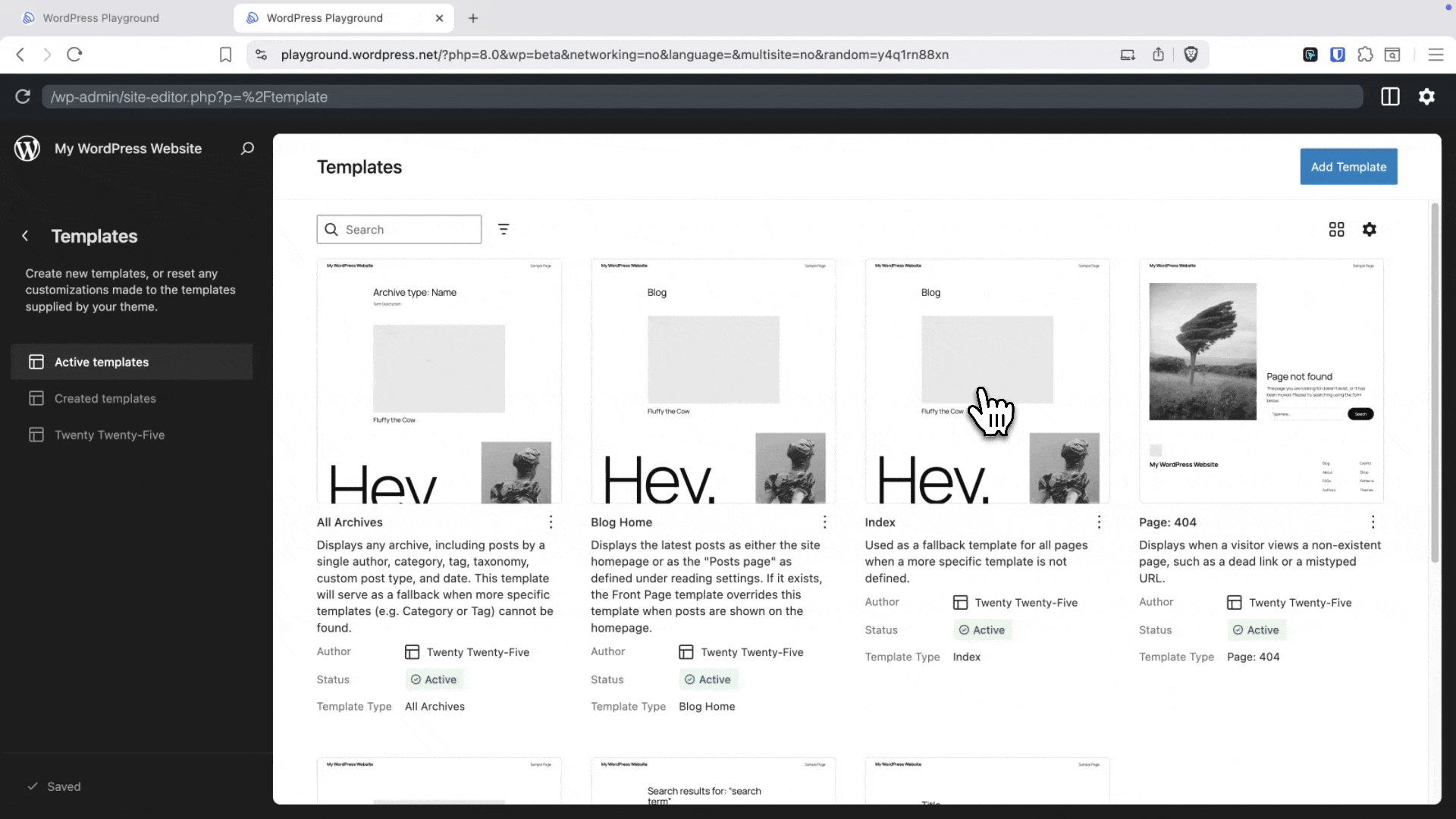 A GIF showing how it is possible to create multiple templates that target the same slug, such as the 404 template, in WordPress 6.9.