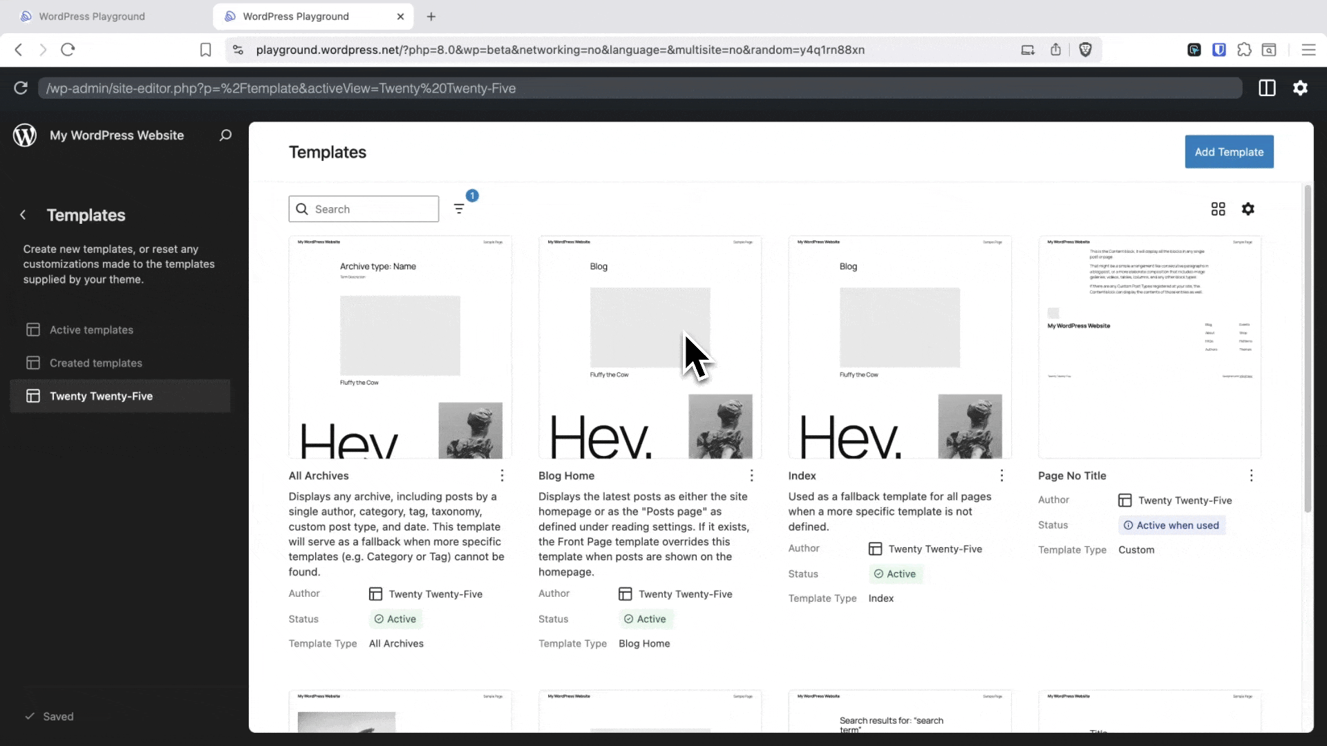 A GIF showing how theme templates can be duplicated and then made live in WordPress 6.9.