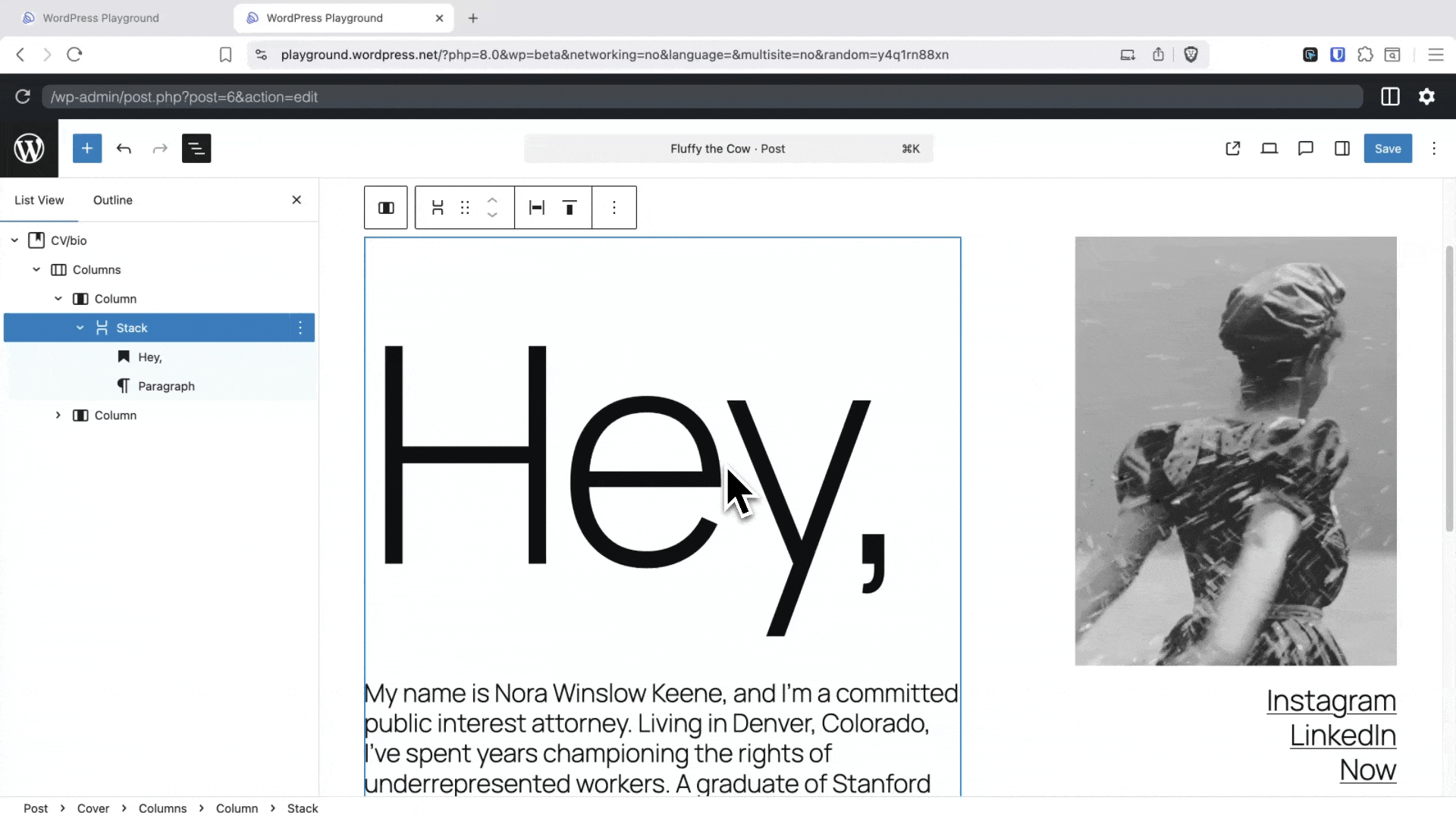A GIF showing how to hide blocks in WordPress 6.9.
